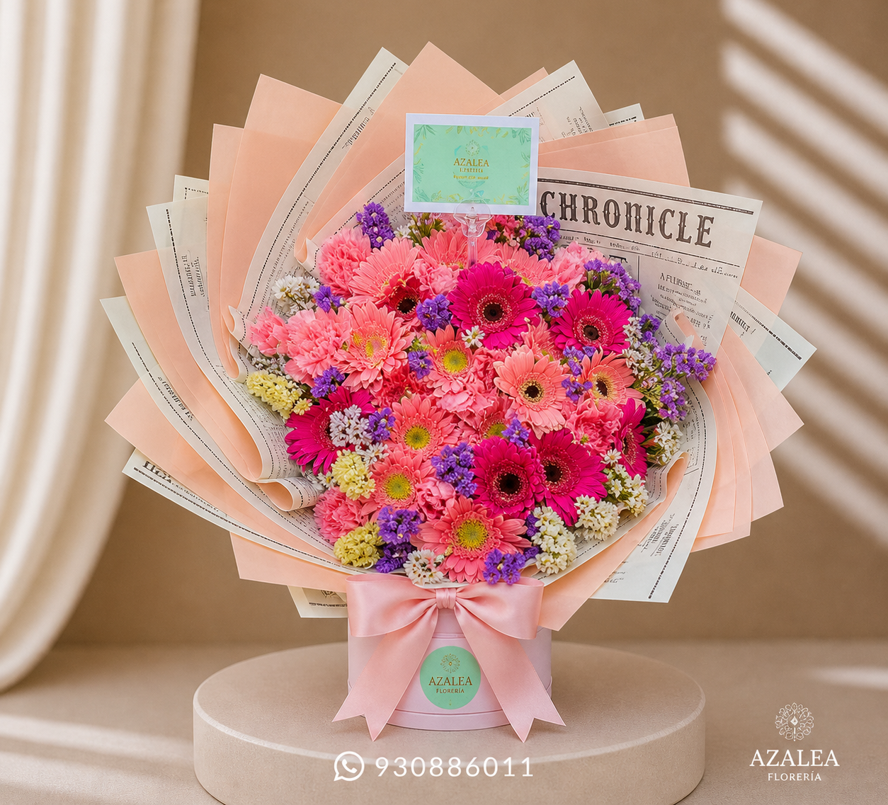 RAMO BUCHÓN DE ROSAS, GERBERAS Y ESTATIZ MORADA
