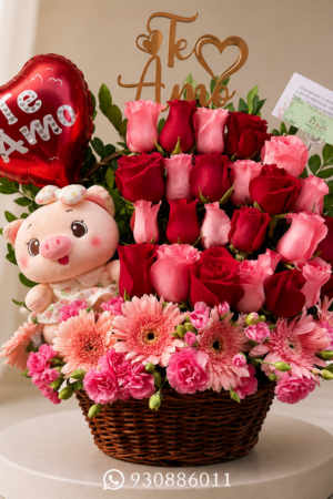 CANASTA DE ROSAS MIXTAS Y GERBERAS PREMIUM