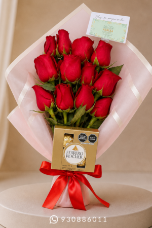 RAMO DE 12 ROSAS Y CHOCOLATES