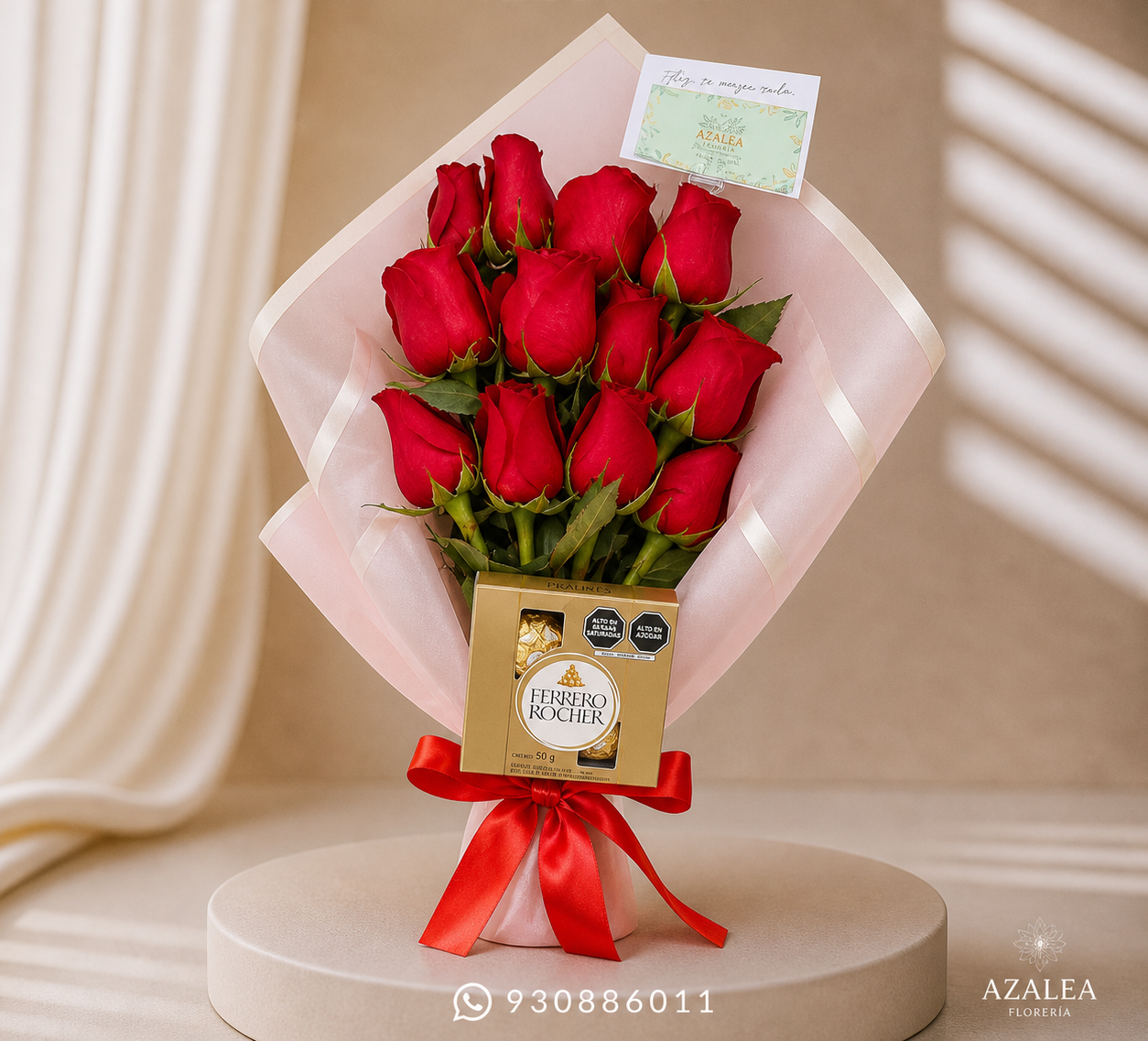 RAMO DE 12 ROSAS Y CHOCOLATES